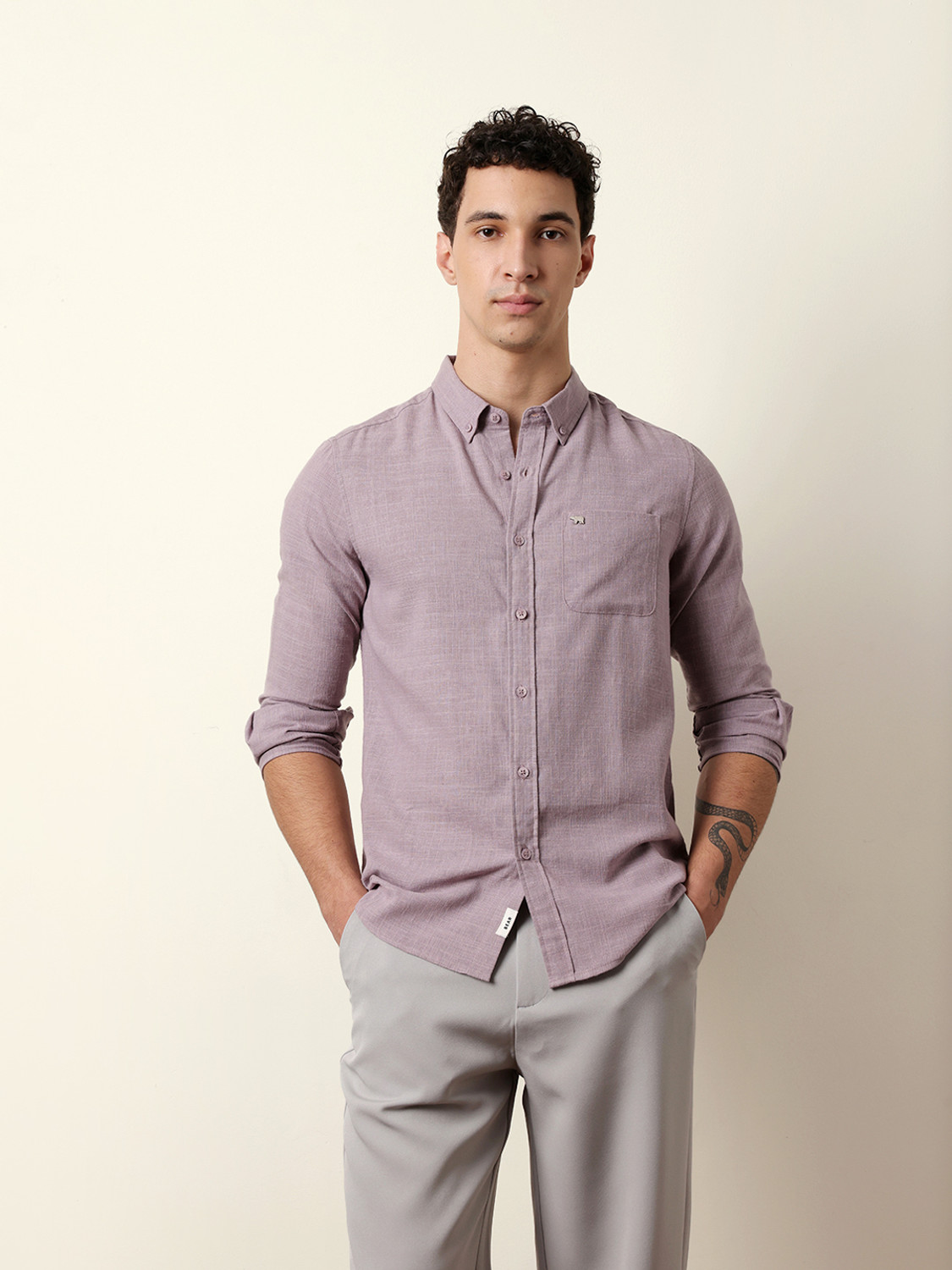 Image of THE BEAR HOUSE Men Self Design Casual Purple Shirt