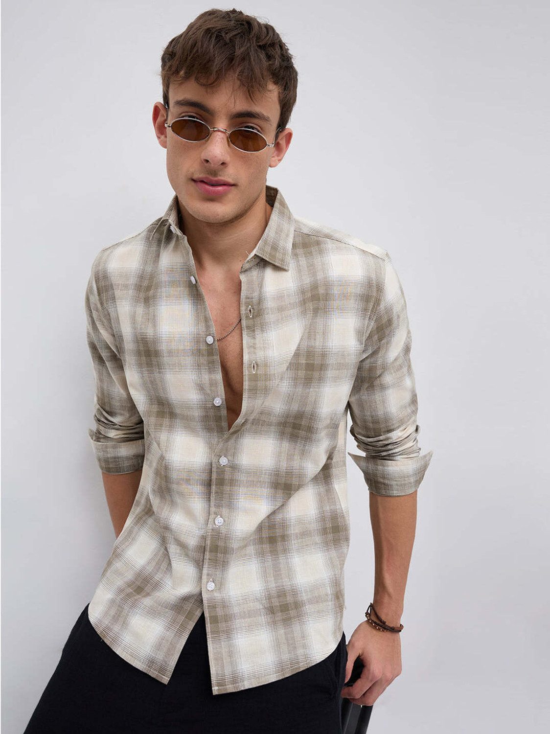 Image of VASTRADO Men Checkered Casual Brown Shirt