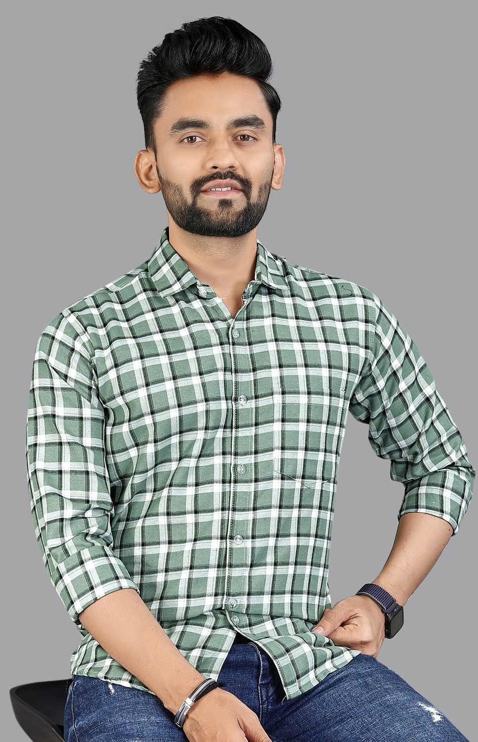 Image of youth first Men Checkered Casual Light Green, Blue Shirt