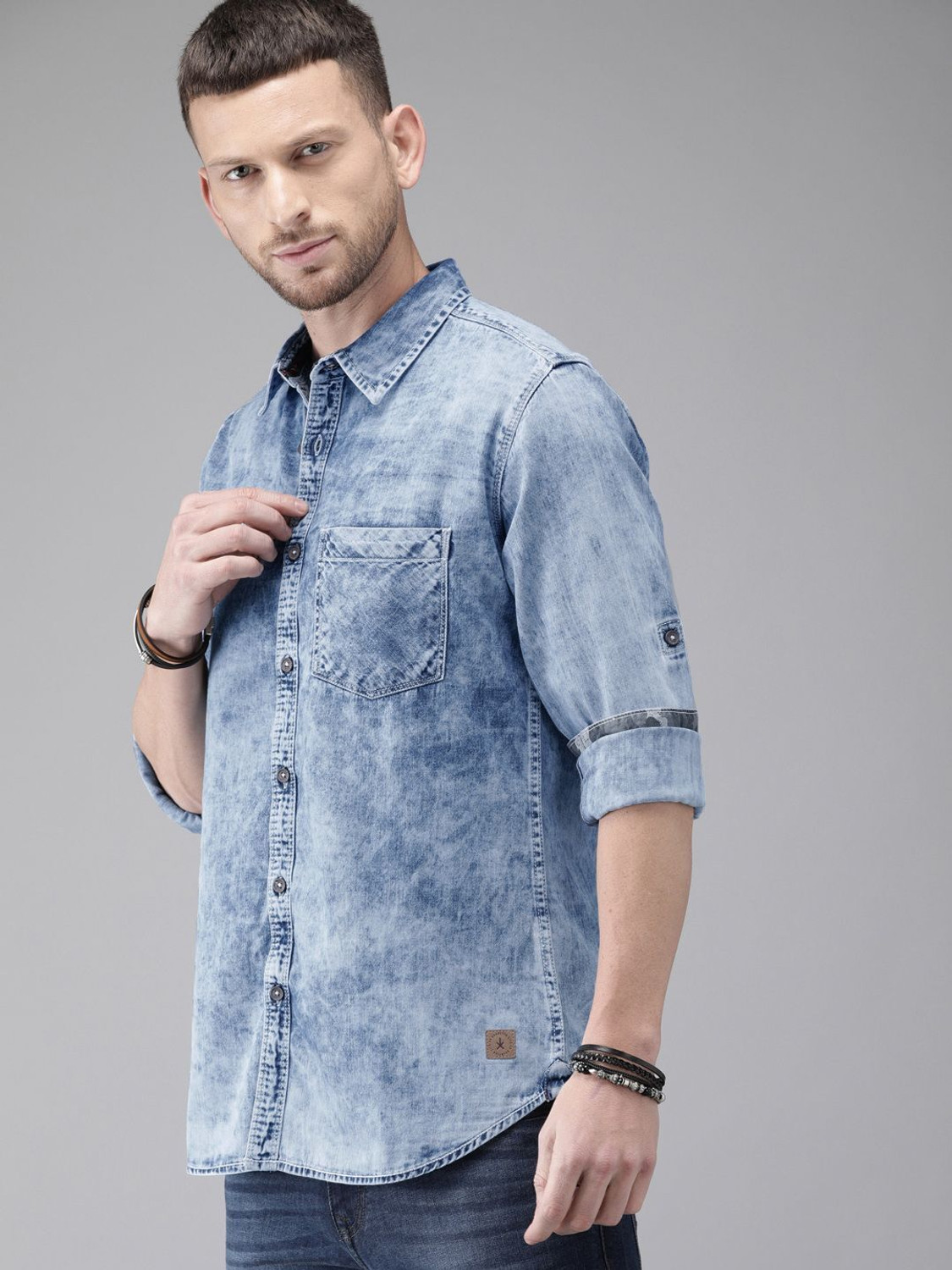 Image of Roadster Men Solid Casual Blue Shirt