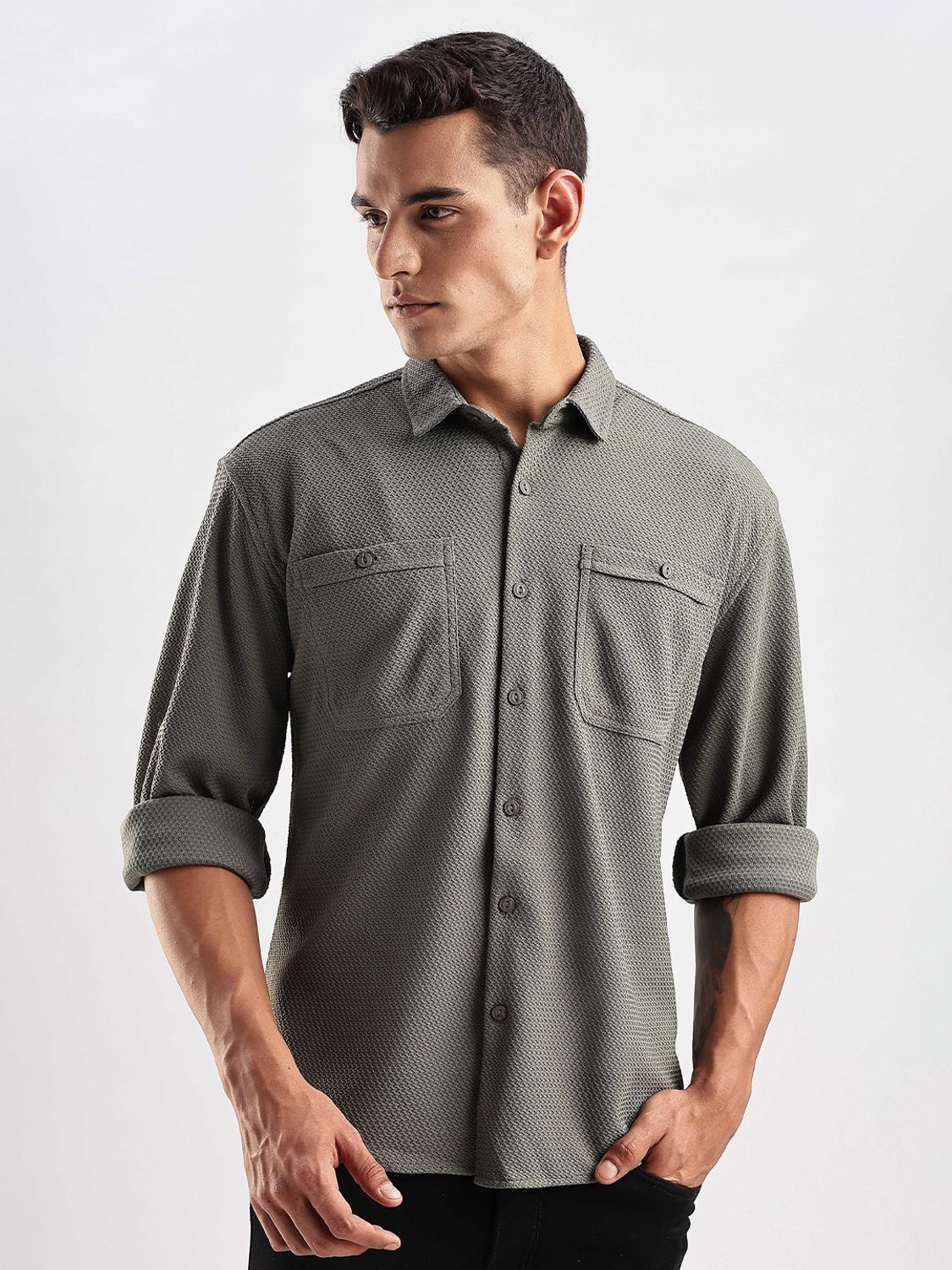 Image of HERE&NOW Men Striped Casual Grey Shirt