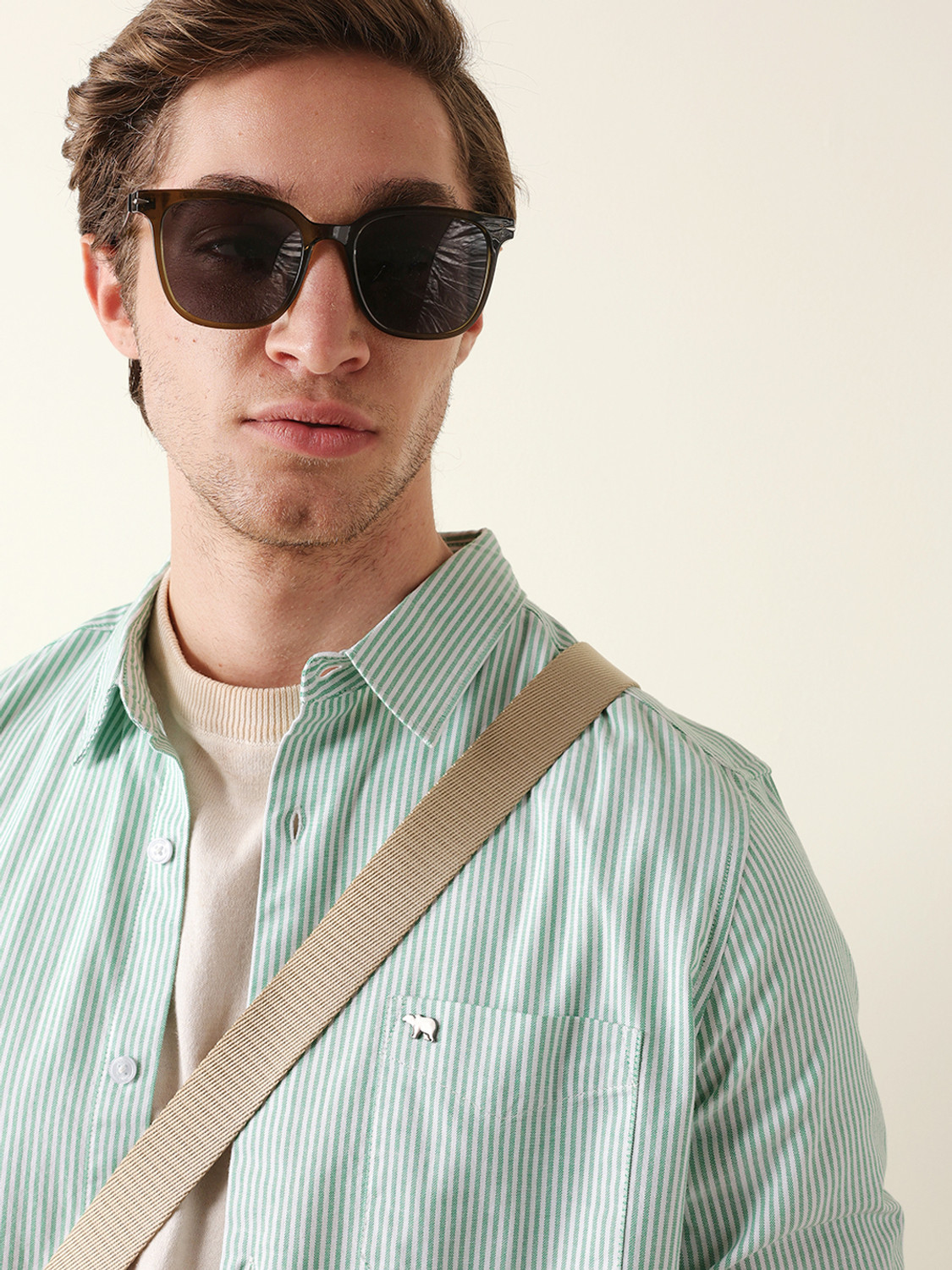 Image of THE BEAR HOUSE Men Striped Casual Green Shirt