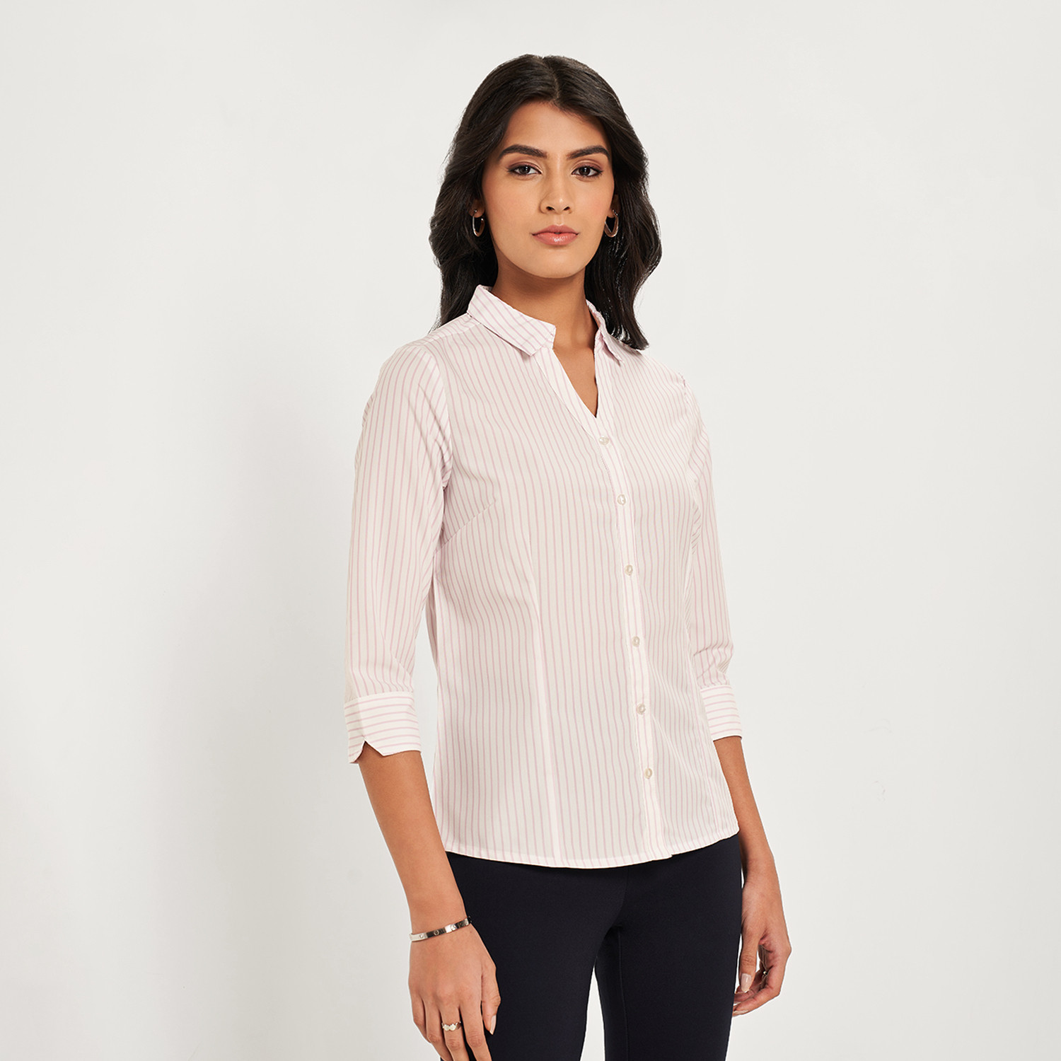 Image of Annabelle by Pantaloons Women Striped Casual Beige Shirt