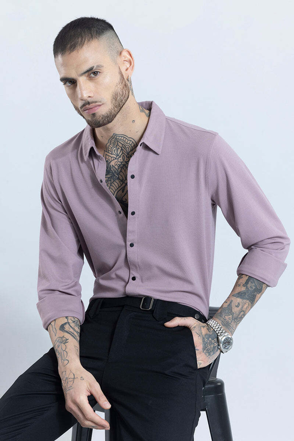 Image of Snitch Men Solid Casual Purple Shirt