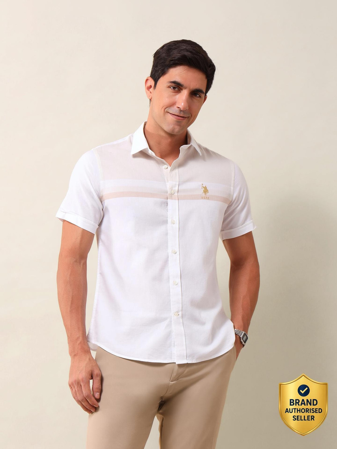 Image of U.S. POLO ASSN. Men Solid Casual Beige Shirt