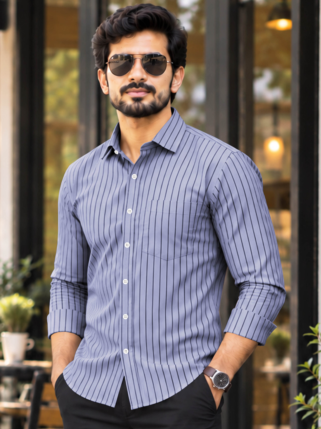 Image of VeBNoR Men Striped Casual Blue Shirt