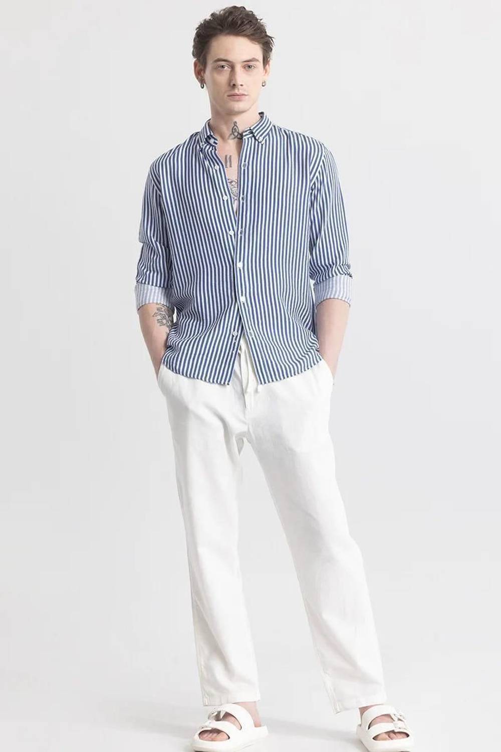 DivaNX Men Striped Casual White Blue Shirt - Image 4
