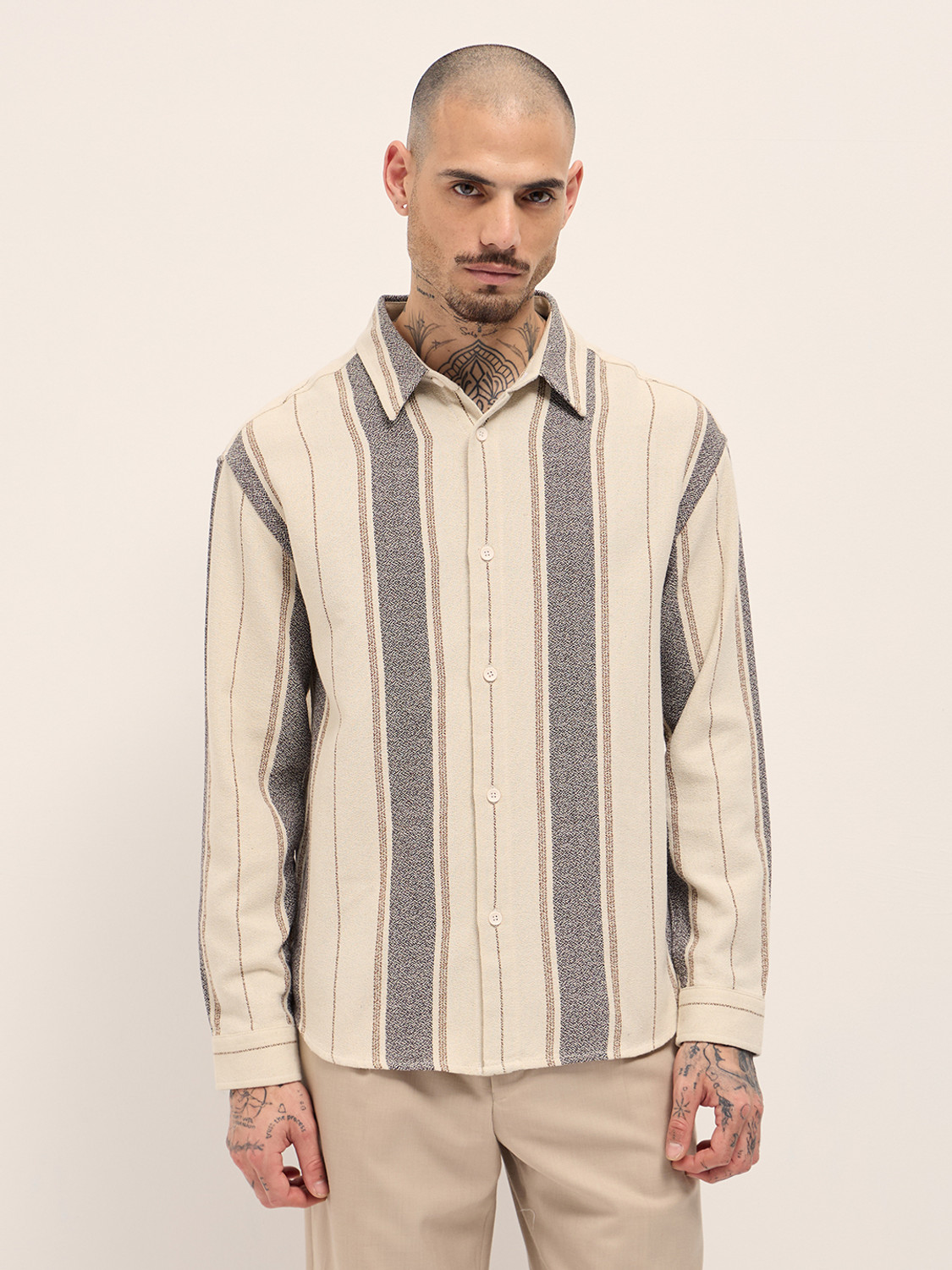 Image of THE BEAR HOUSE Men Striped Casual Cream Shirt