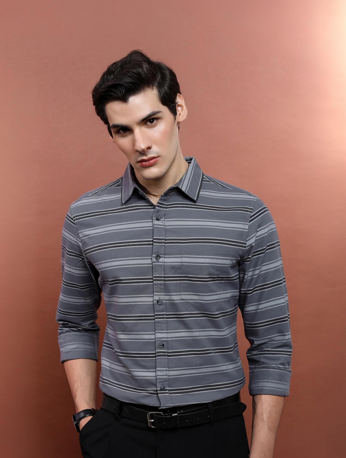 Image of HIGHLANDER Men Striped Casual Grey Shirt