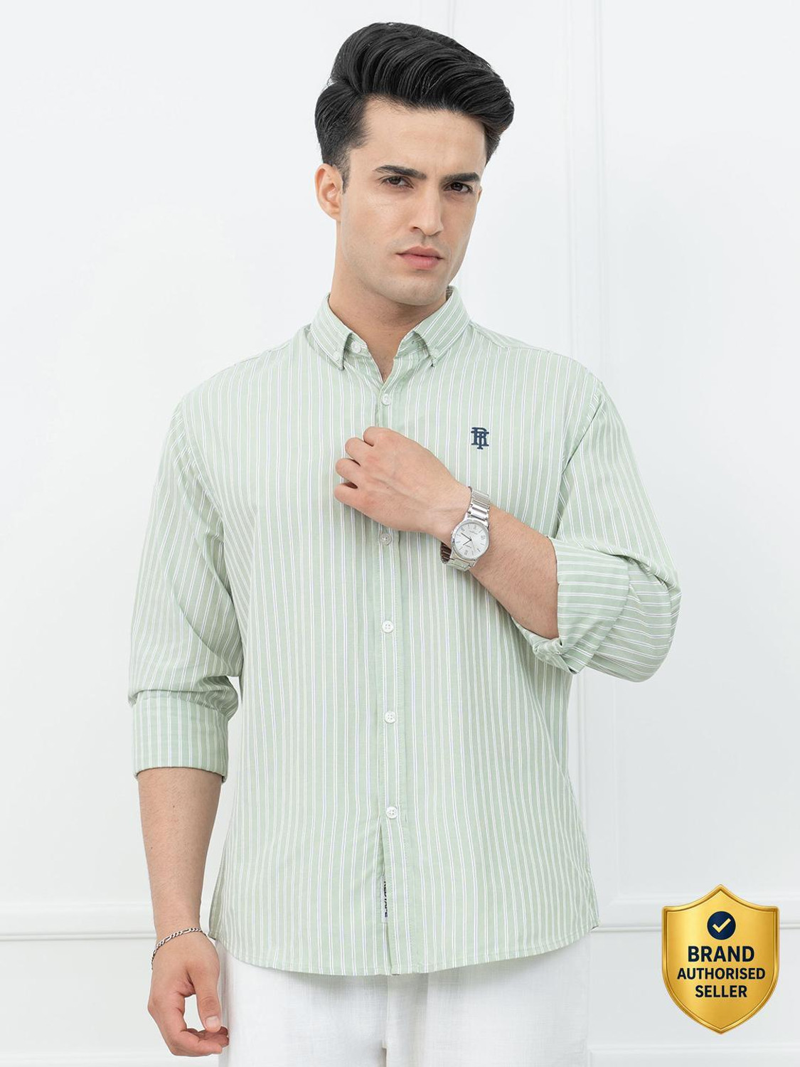 Image of RED TAPE Men Striped Casual Green Shirt