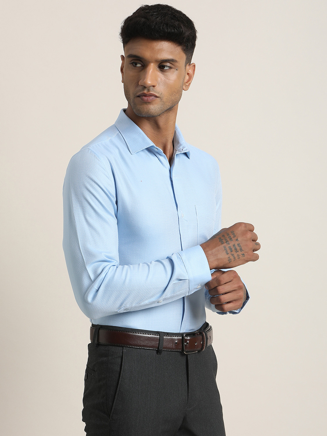 Image of TURTLE Men Solid Formal Light Blue Shirt