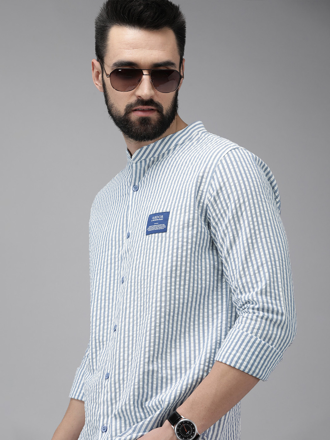 Image of THE BEAR HOUSE Men Striped Casual Blue Shirt