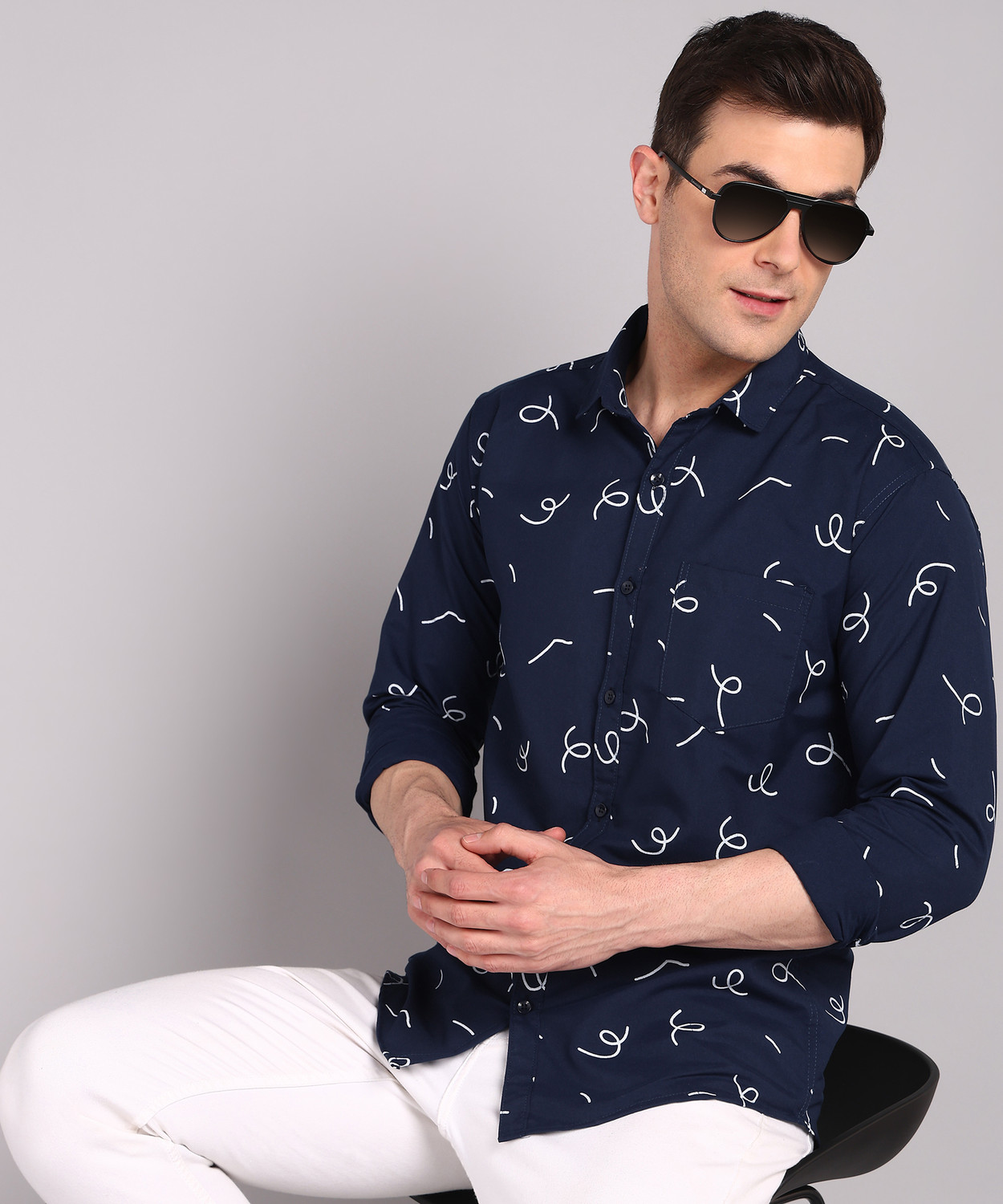 Image of Vellical Men Printed Casual Dark Blue Shirt