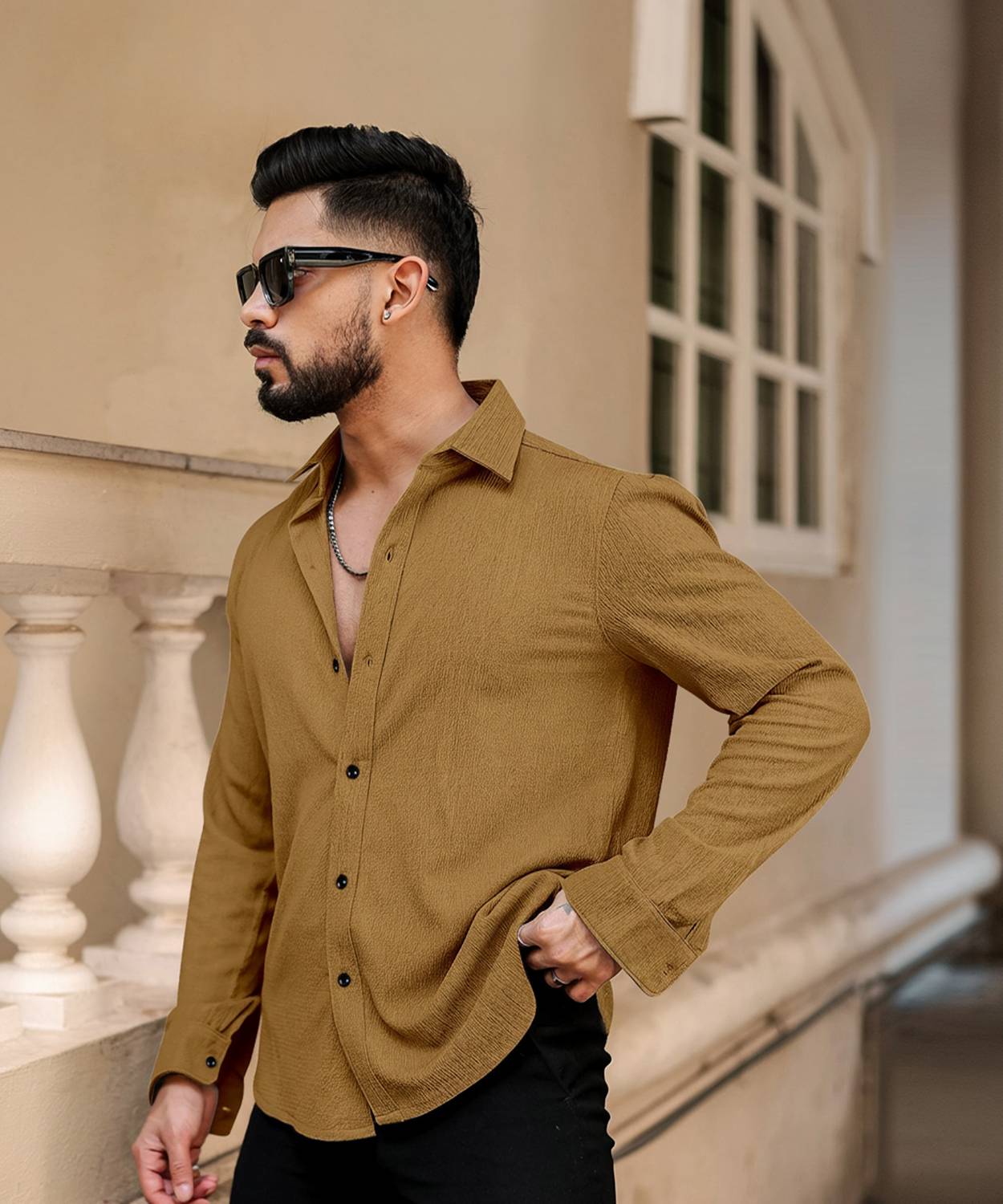 Khushi Creation Men Regular Fit Self Design Spread Collar Casual