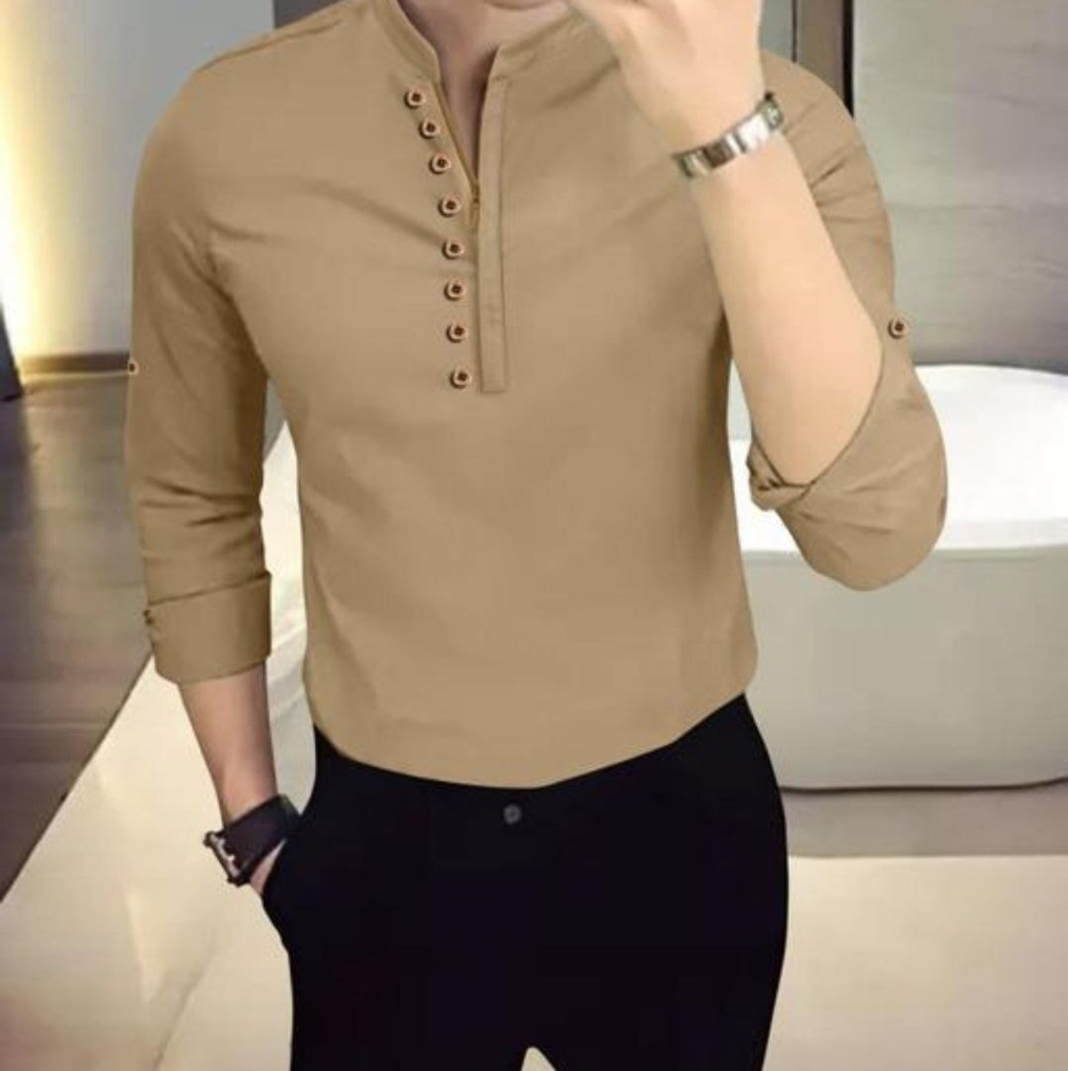 Image of PAVITRAHUB Men Solid Casual Beige Shirt