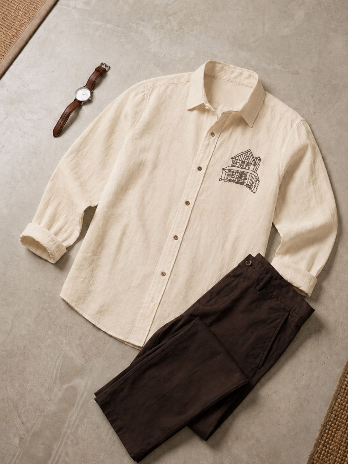 Image of BE UNIQUE MENS Men Embroidered Casual Beige, Brown Shirt