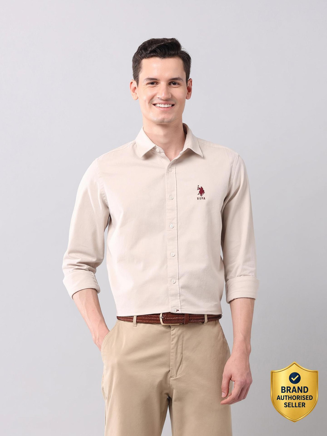 Image of U.S. POLO ASSN. Men Solid Casual Beige Shirt