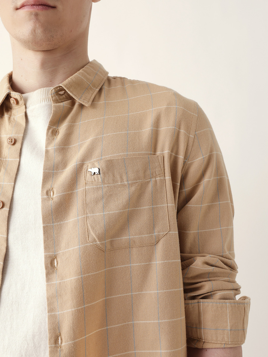 Image of THE BEAR HOUSE Men Checkered Casual Beige Shirt