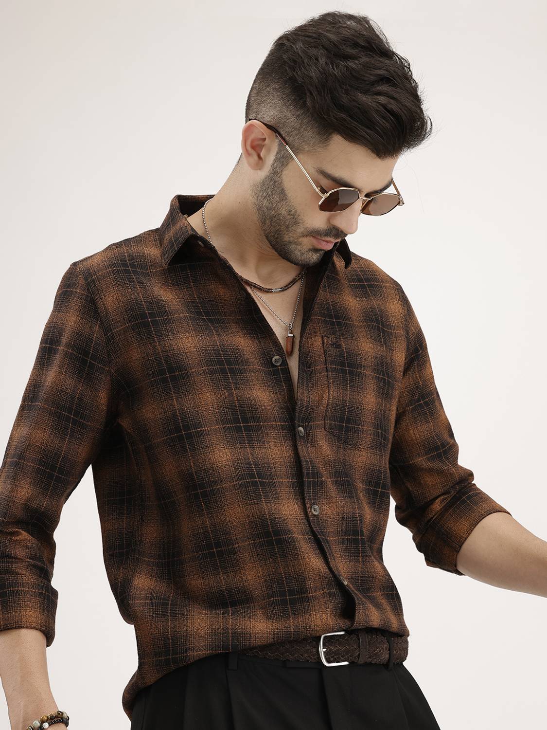 WROGN Men Brown Checkered Casual Shirt - Image 1