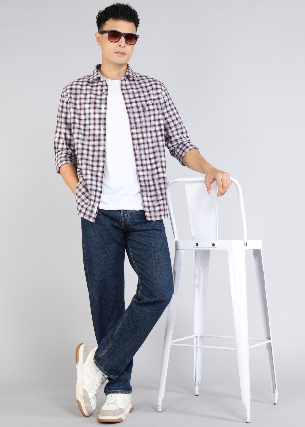 Image of U.S. POLO ASSN. Men Tailored Fit Checkered Cut Away Collar Casual Shirt