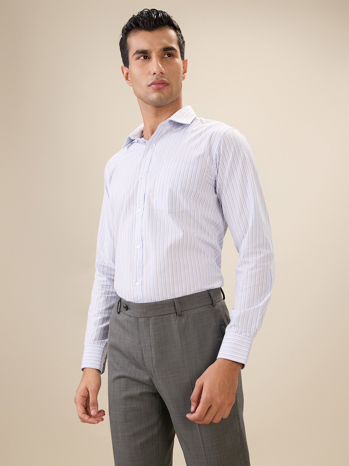 Image of PARK AVENUE Men Striped Formal Light Blue Shirt
