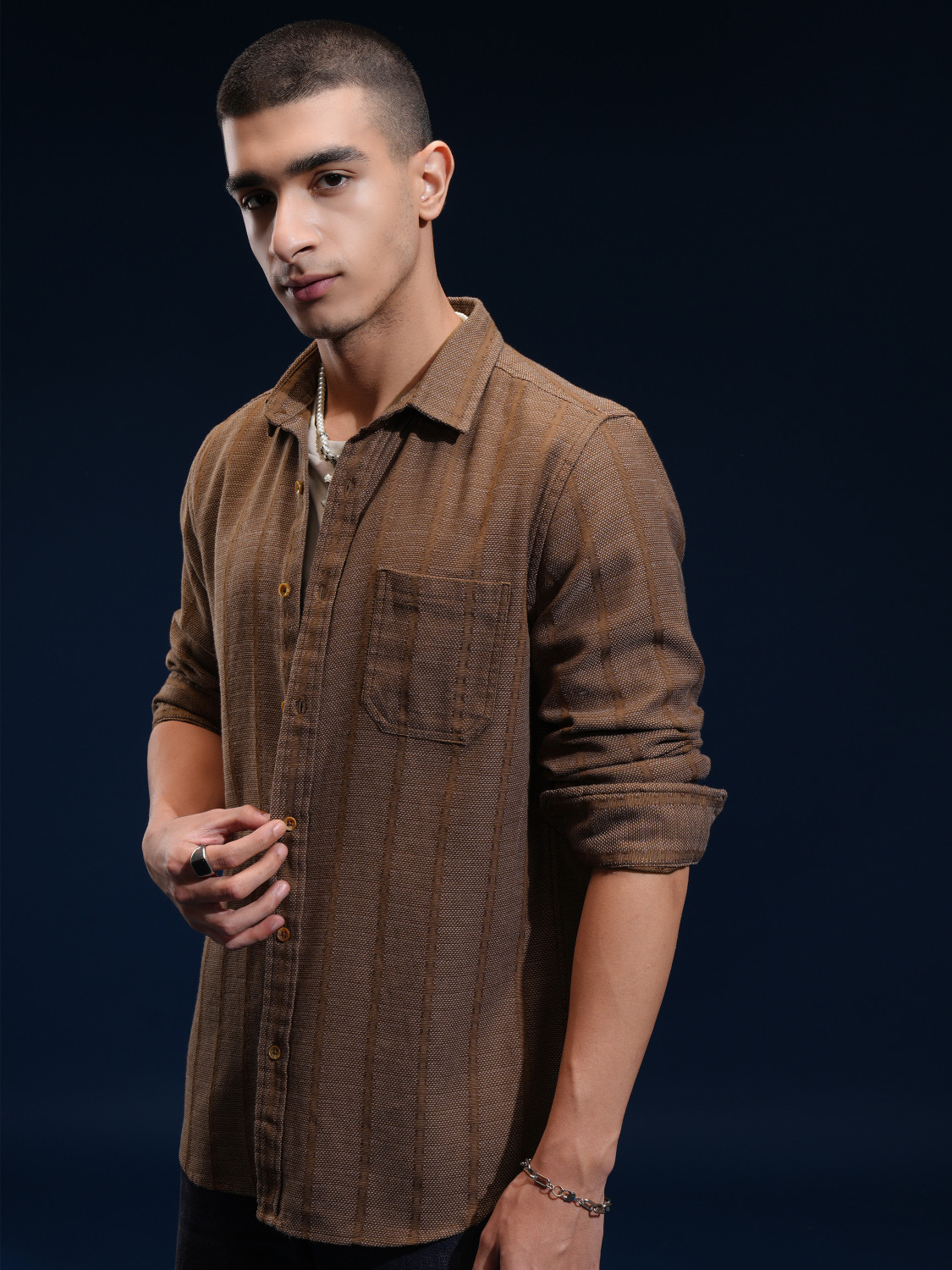 Image of HIGHLANDER Men Striped Casual Brown Shirt