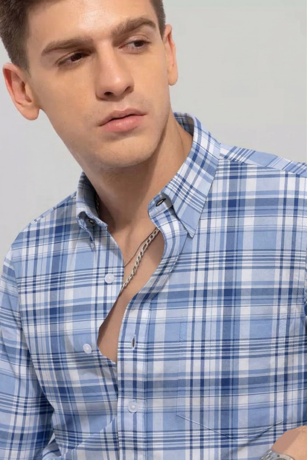 Image of R.Code by The Roadster Life Co. Men Checkered Casual Light Blue, White Shirt