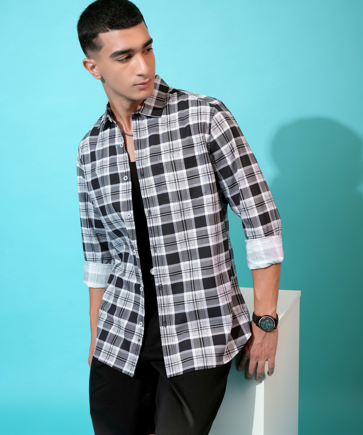 Image of HIGHLANDER Men Checkered Formal White Shirt