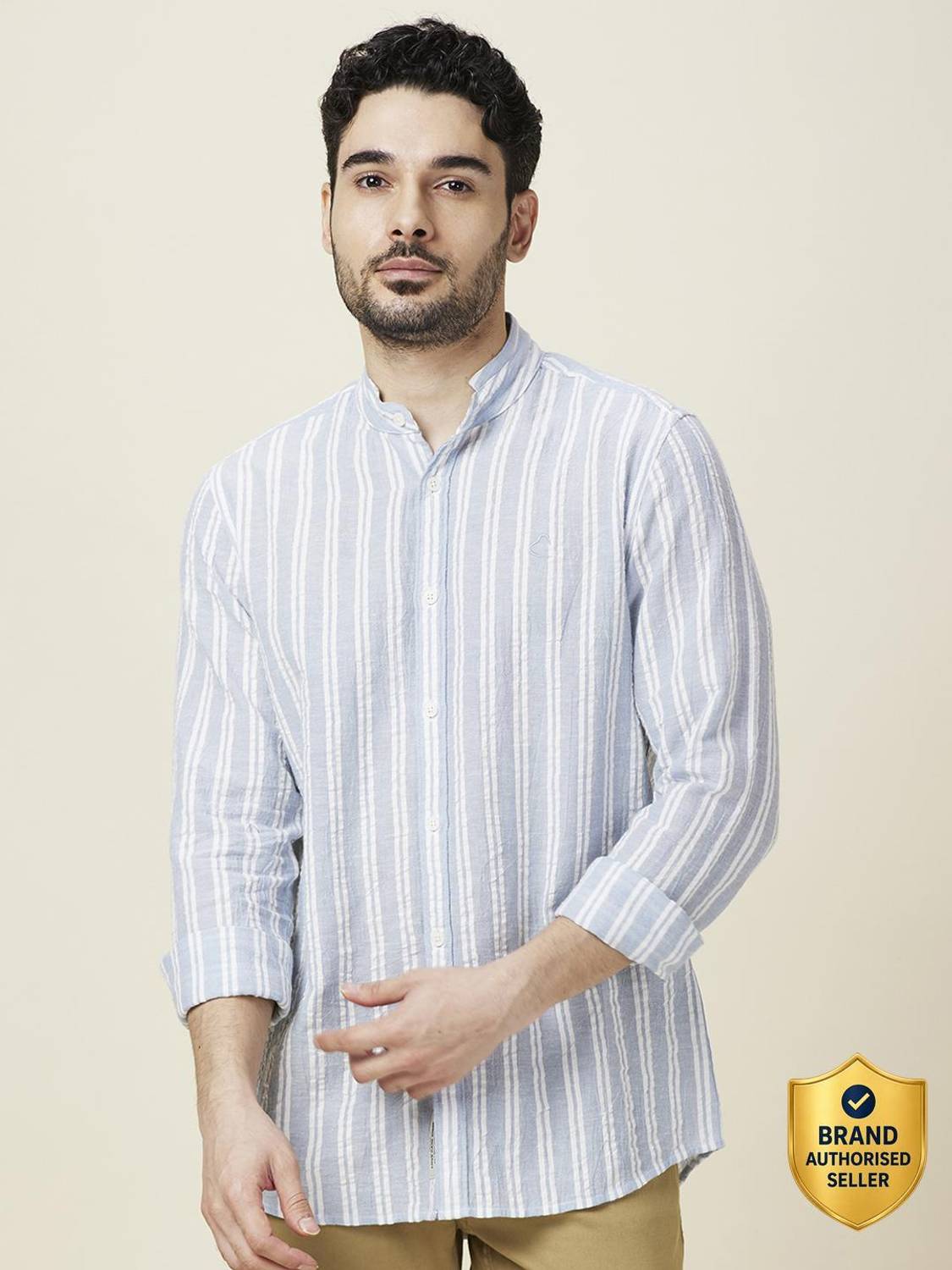 BEING HUMAN Men Striped Casual Light Blue Shirt
