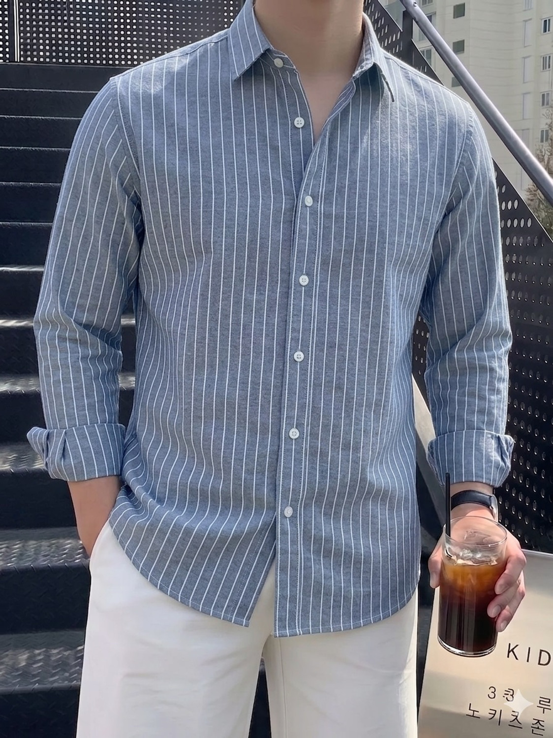 Image of QUINTON Men Striped Casual Dark Blue Shirt