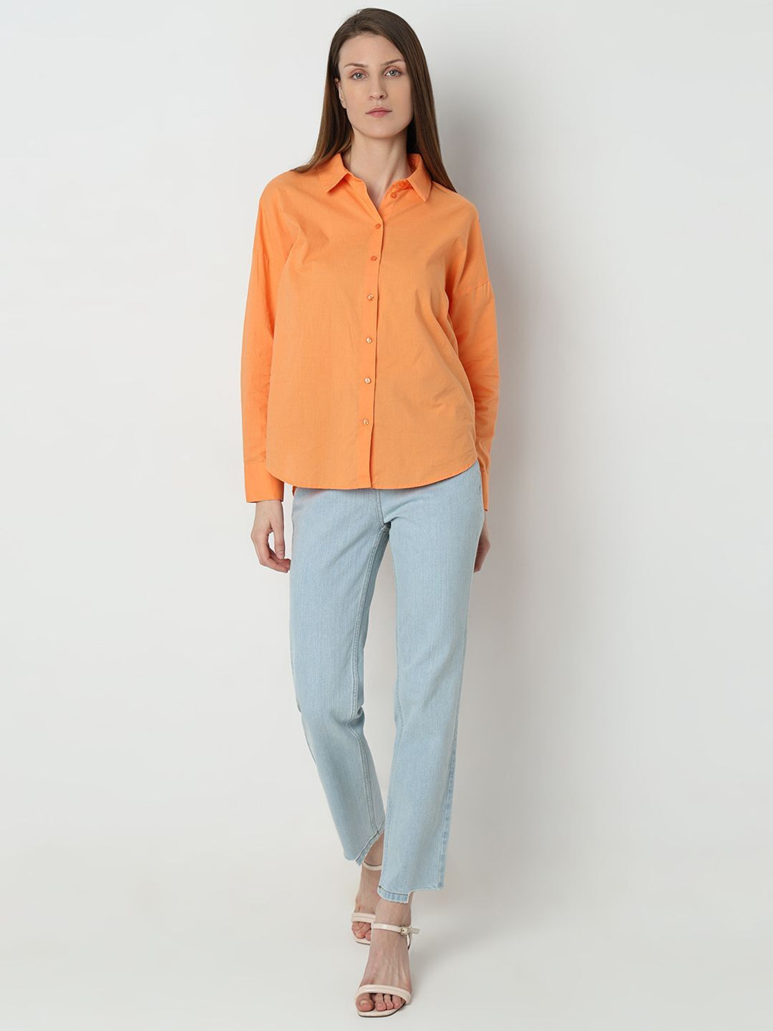 Image of VERO MODA Women Solid Casual Orange Shirt
