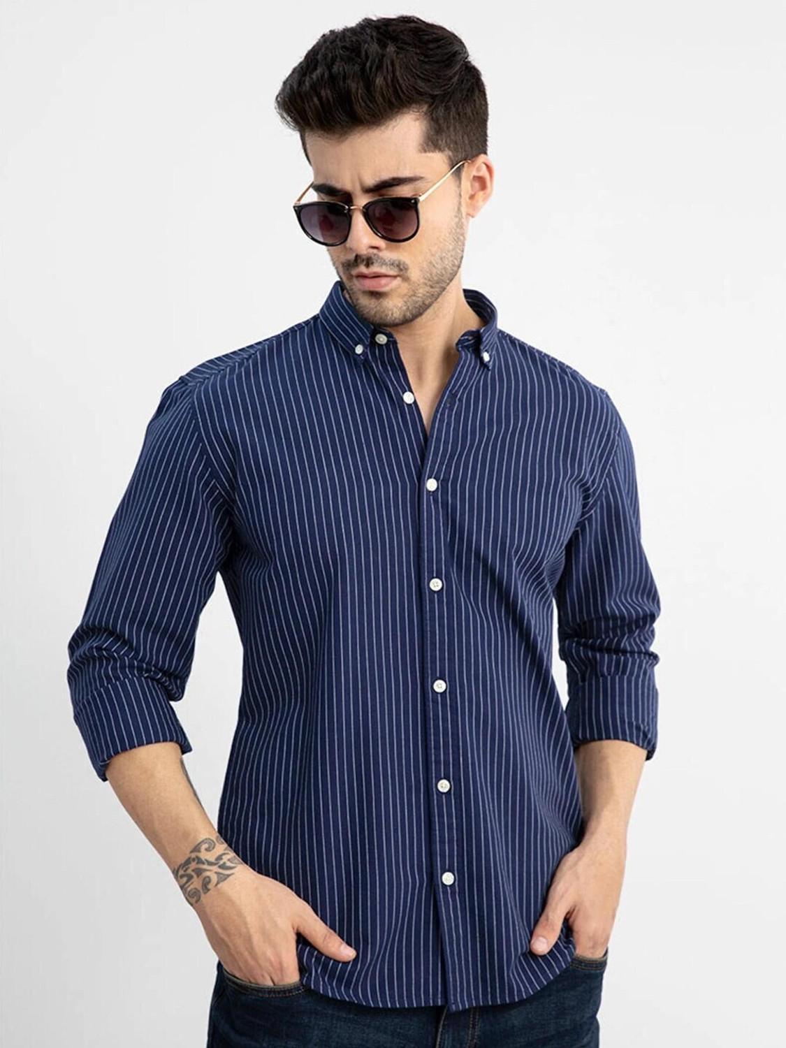Snitch Men Striped Casual Dark Blue, White Shirt