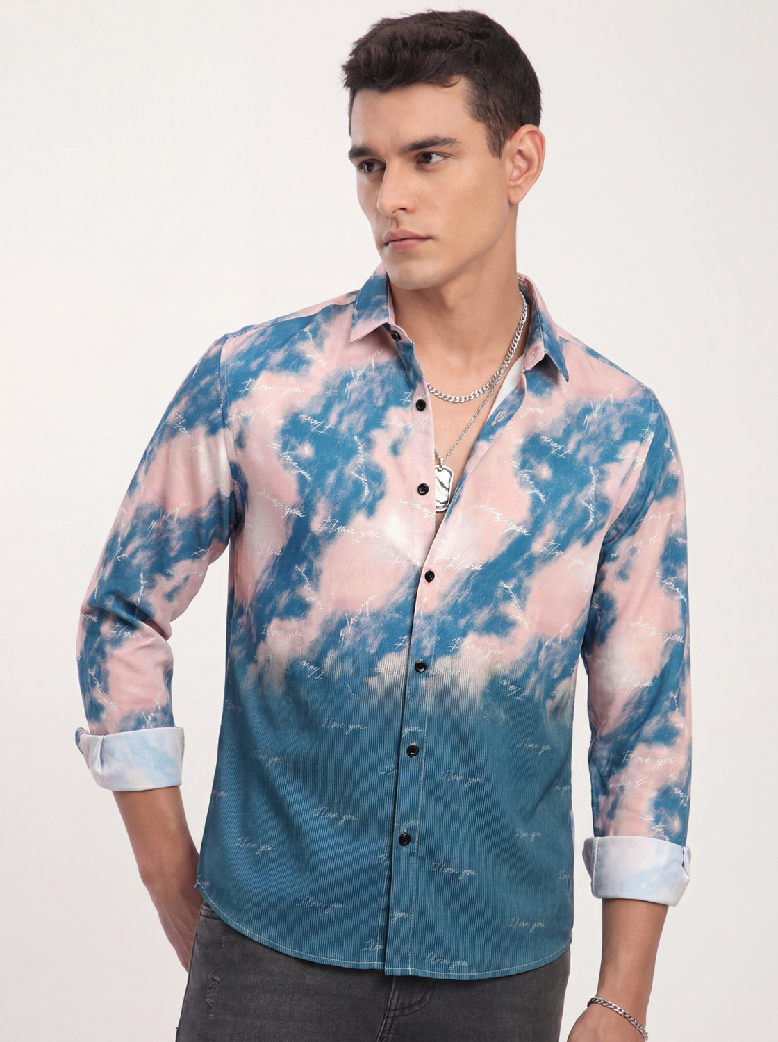 Image of FABDECK Men Dyed /Ombre, Printed, Striped Casual Blue Shirt