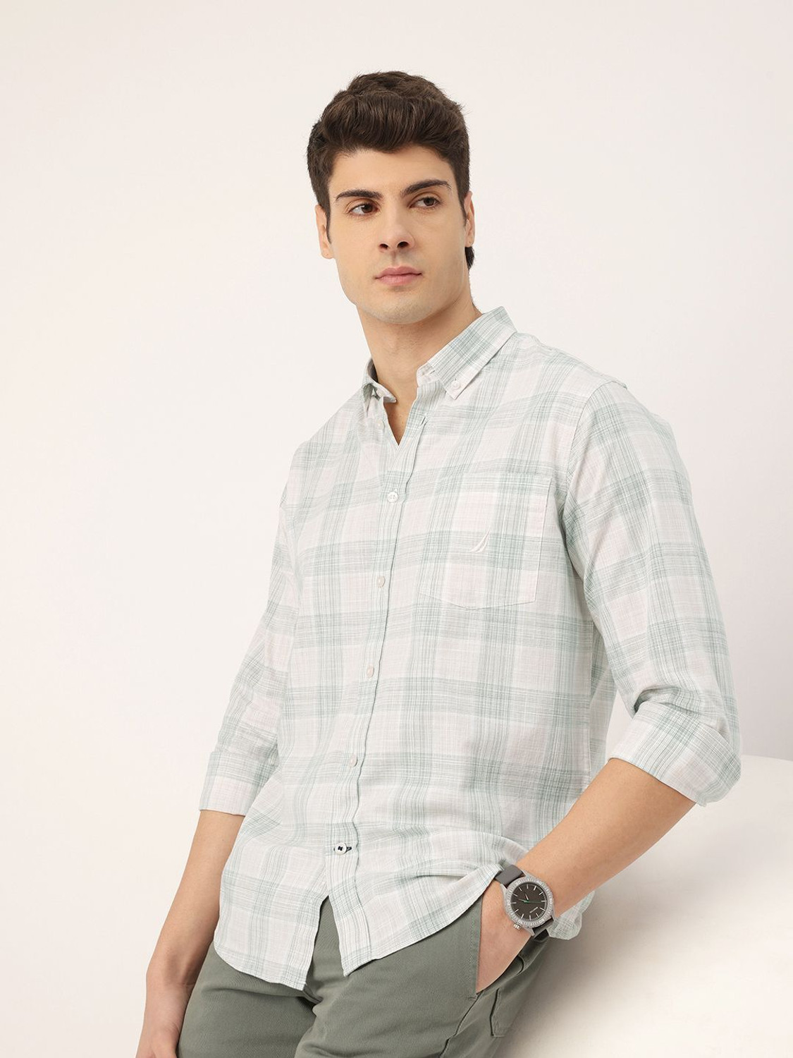 Image of NAUTICA Men Checkered Casual White Shirt
