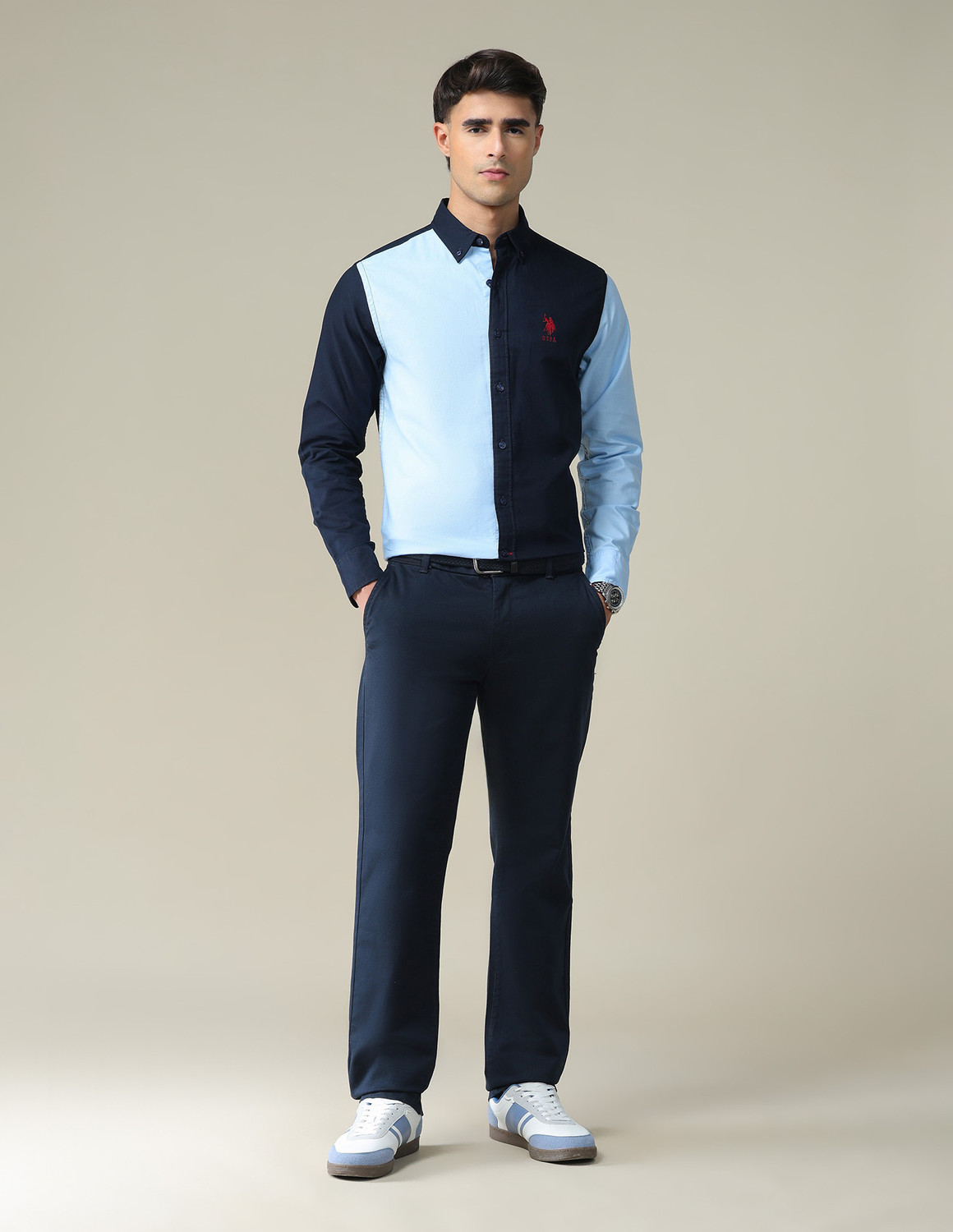 Image of U.S. POLO ASSN. Men Slim Fit Color Block Spread Collar Casual Shirt
