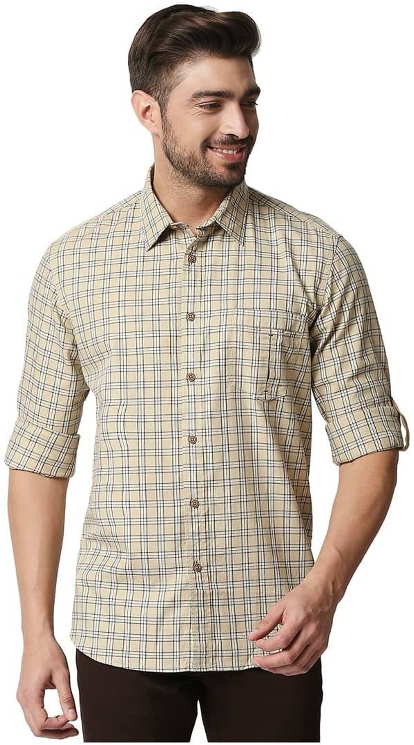 BASICS Men Checkered Casual Beige, White, Black Shirt