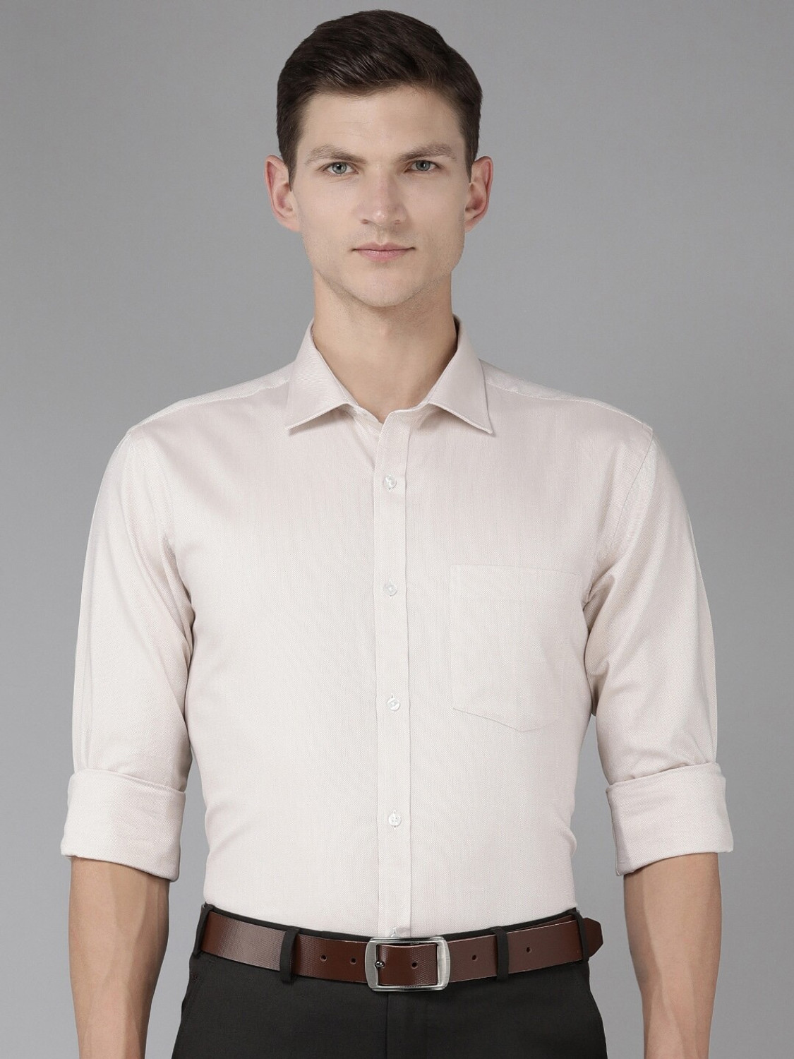 Image of PARK AVENUE Men Self Design Formal Beige Shirt