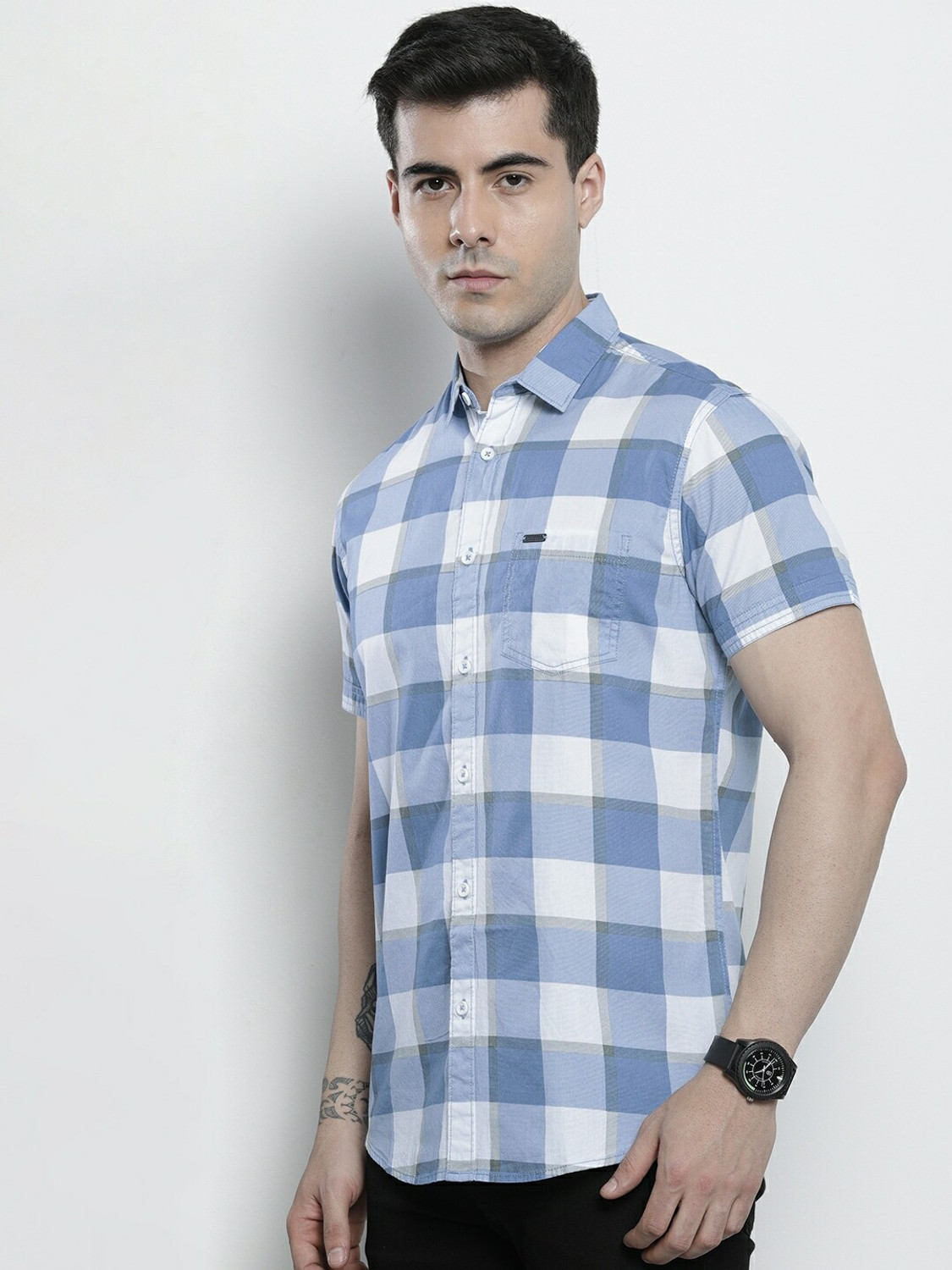 Image of The Indian Garage Co. Men Checkered Casual Blue Shirt