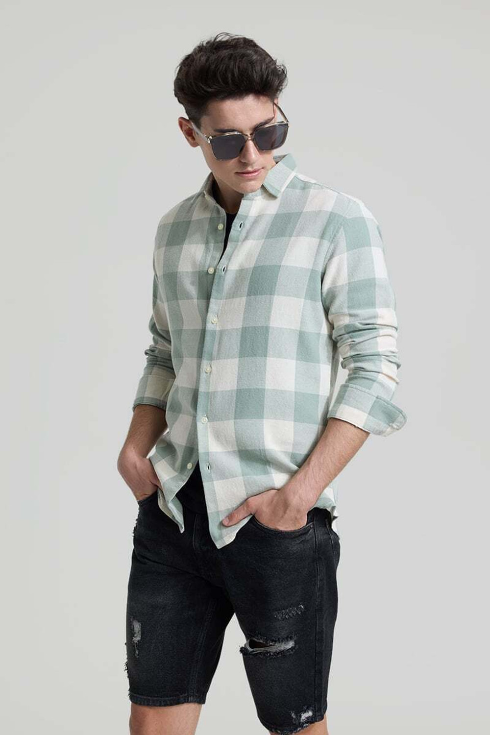 Image of Snitch Men Checkered Casual Green Shirt