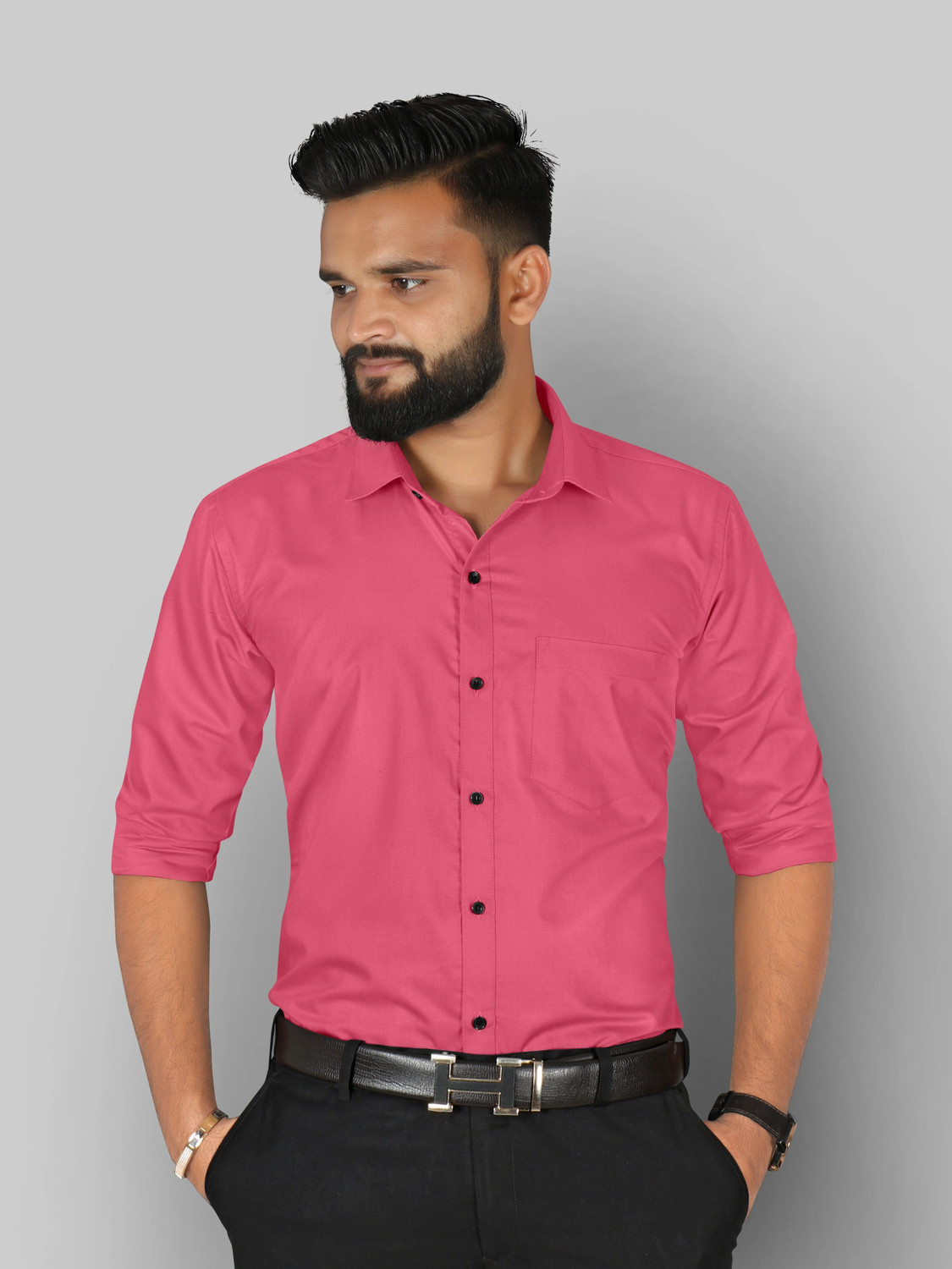 Image of FIBERMILL Men Solid Formal Pink Shirt