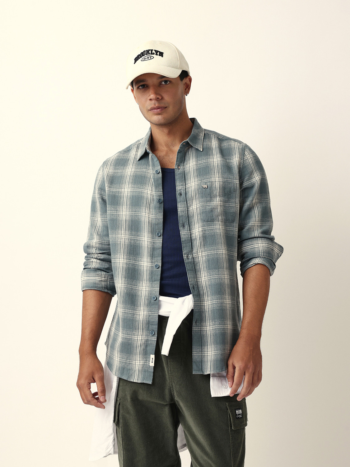 Image of THE BEAR HOUSE Men Checkered Casual Blue Shirt