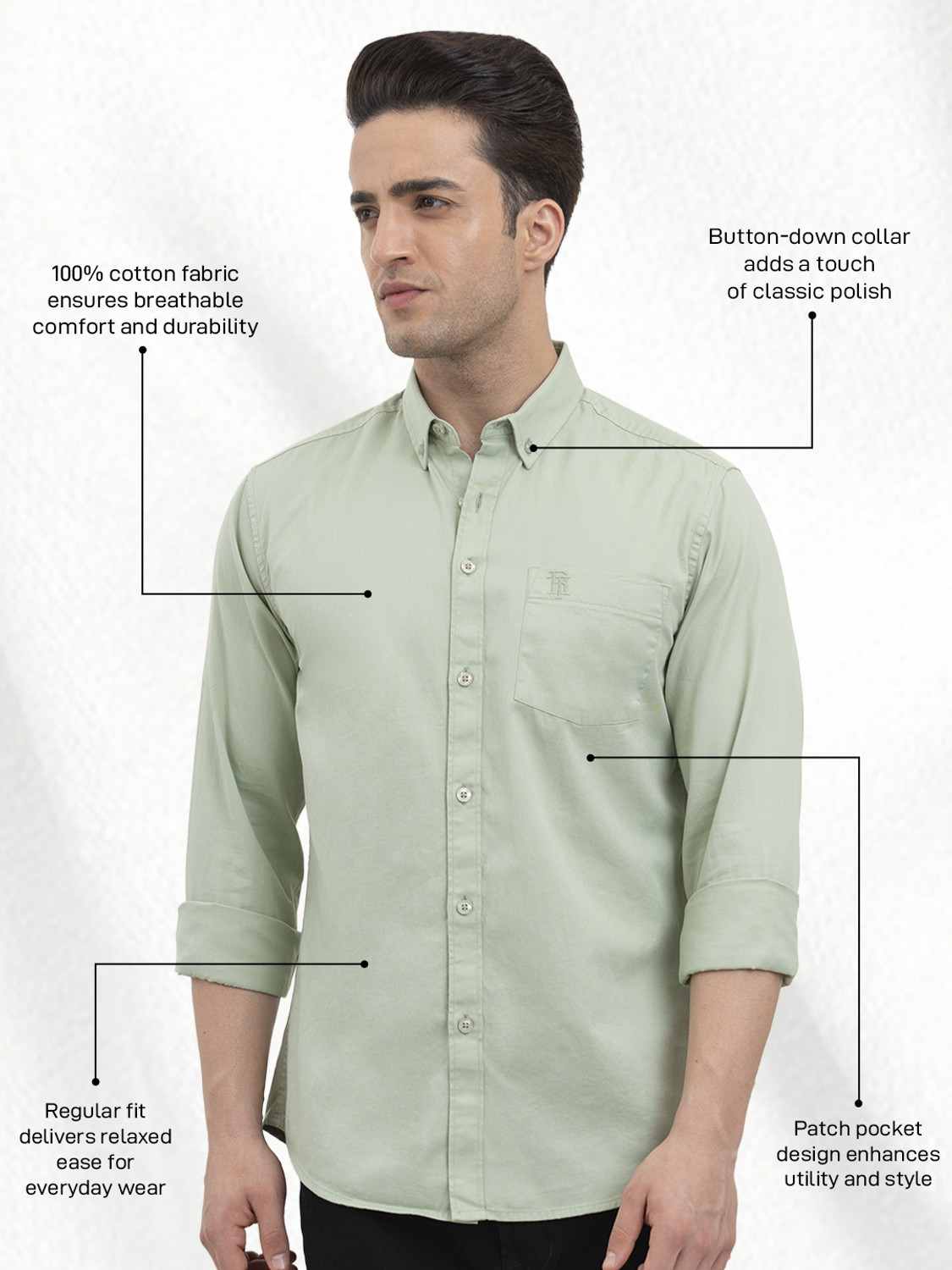 Image of RED TAPE Men Solid Casual Light Green Shirt