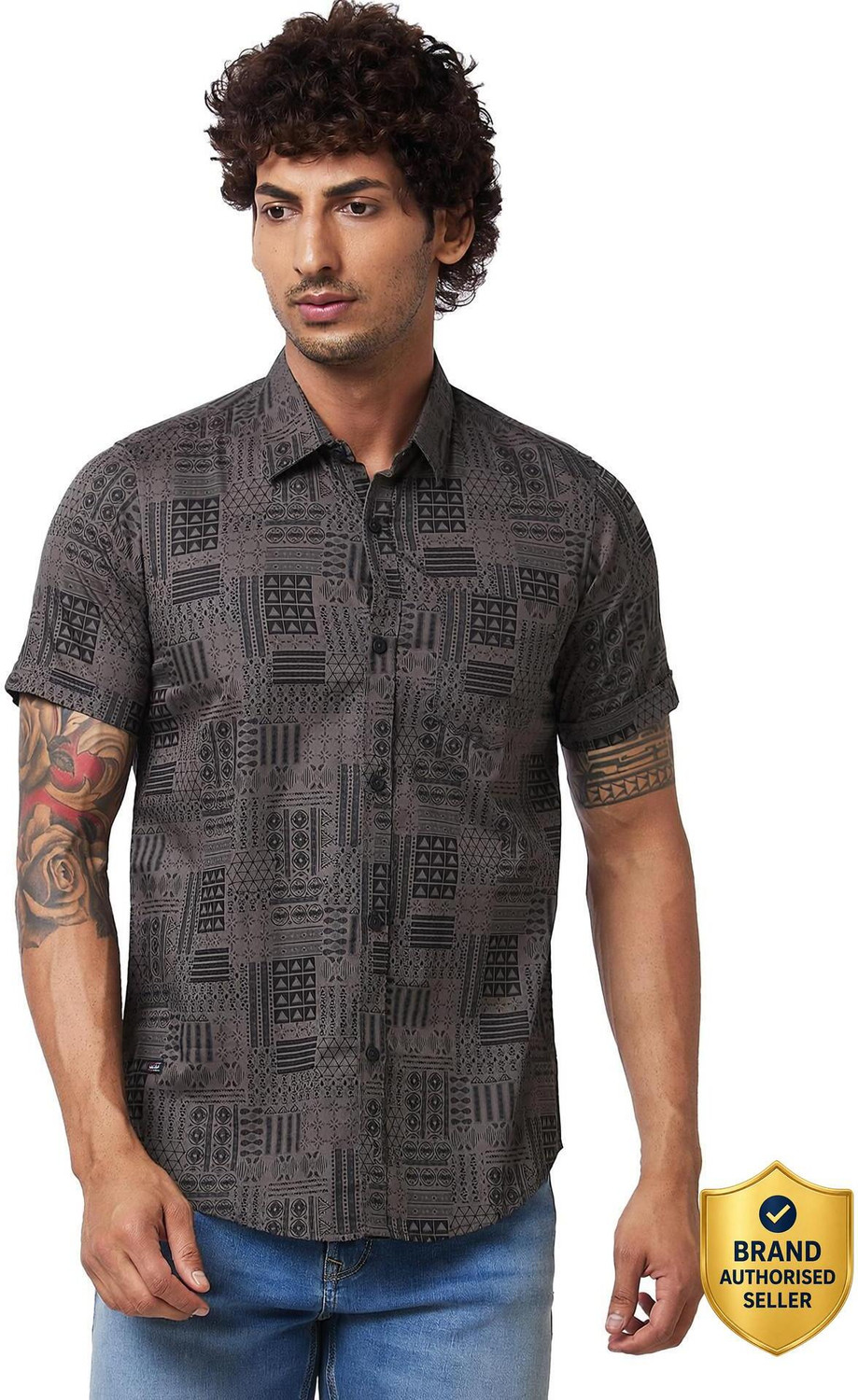 Image of Spykar Men Printed Casual Black, Grey Shirt