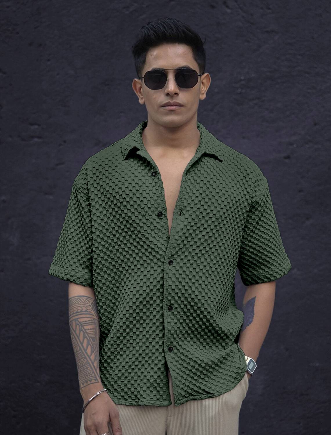 AANKLAR Men Self Design Casual Green Shirt