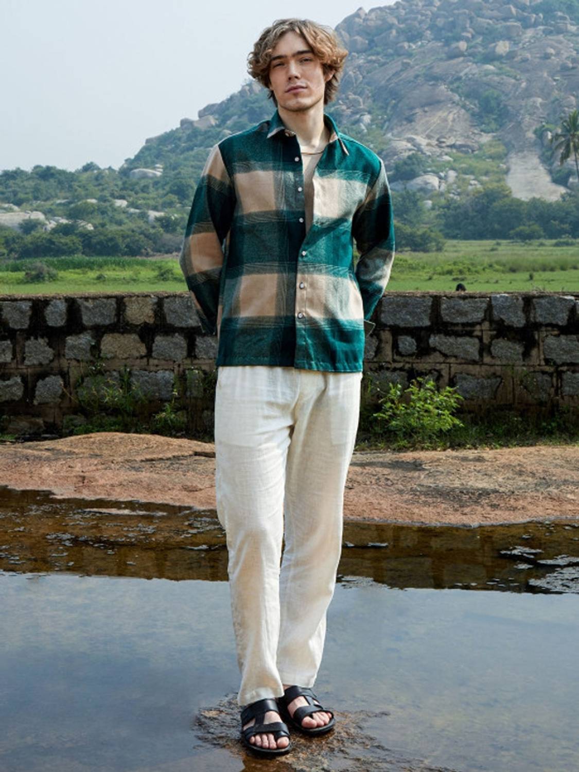 METRONAUT Men Checkered Beige, Dark Green Shirt - Image 3