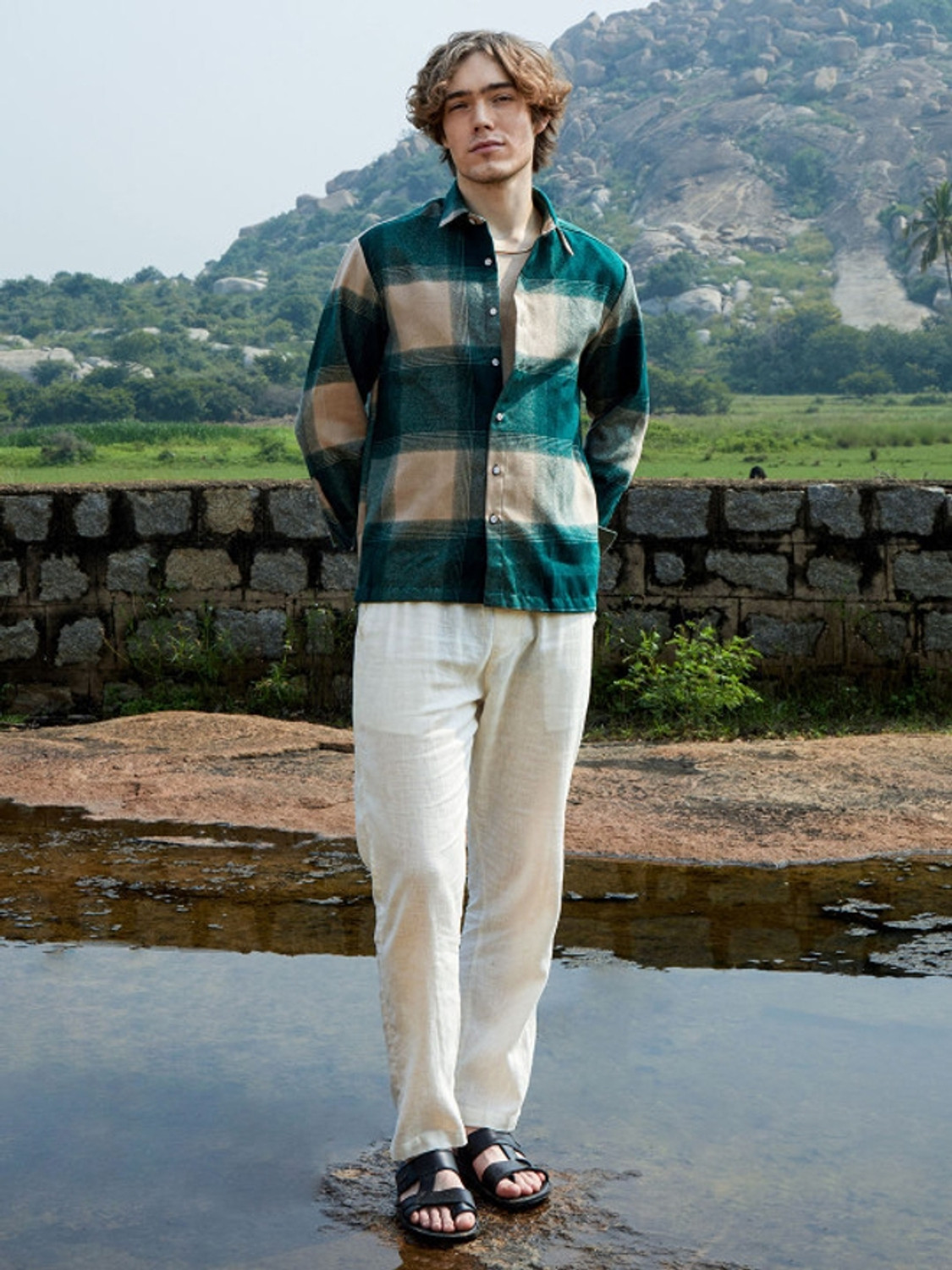 Image of METRONAUT Men Checkered Casual Green, Beige Shirt