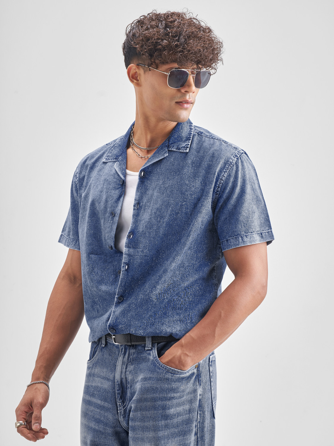 Image of LOCOMOTIVE Men Self Design Casual Blue Shirt