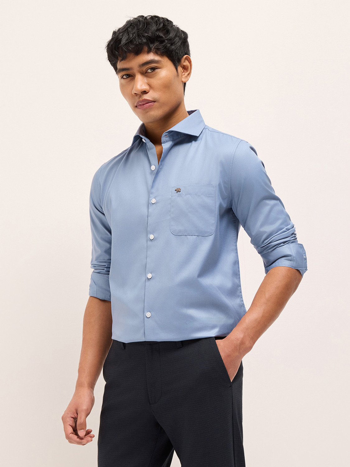 Image of THE BEAR HOUSE Men Solid Formal Blue Shirt