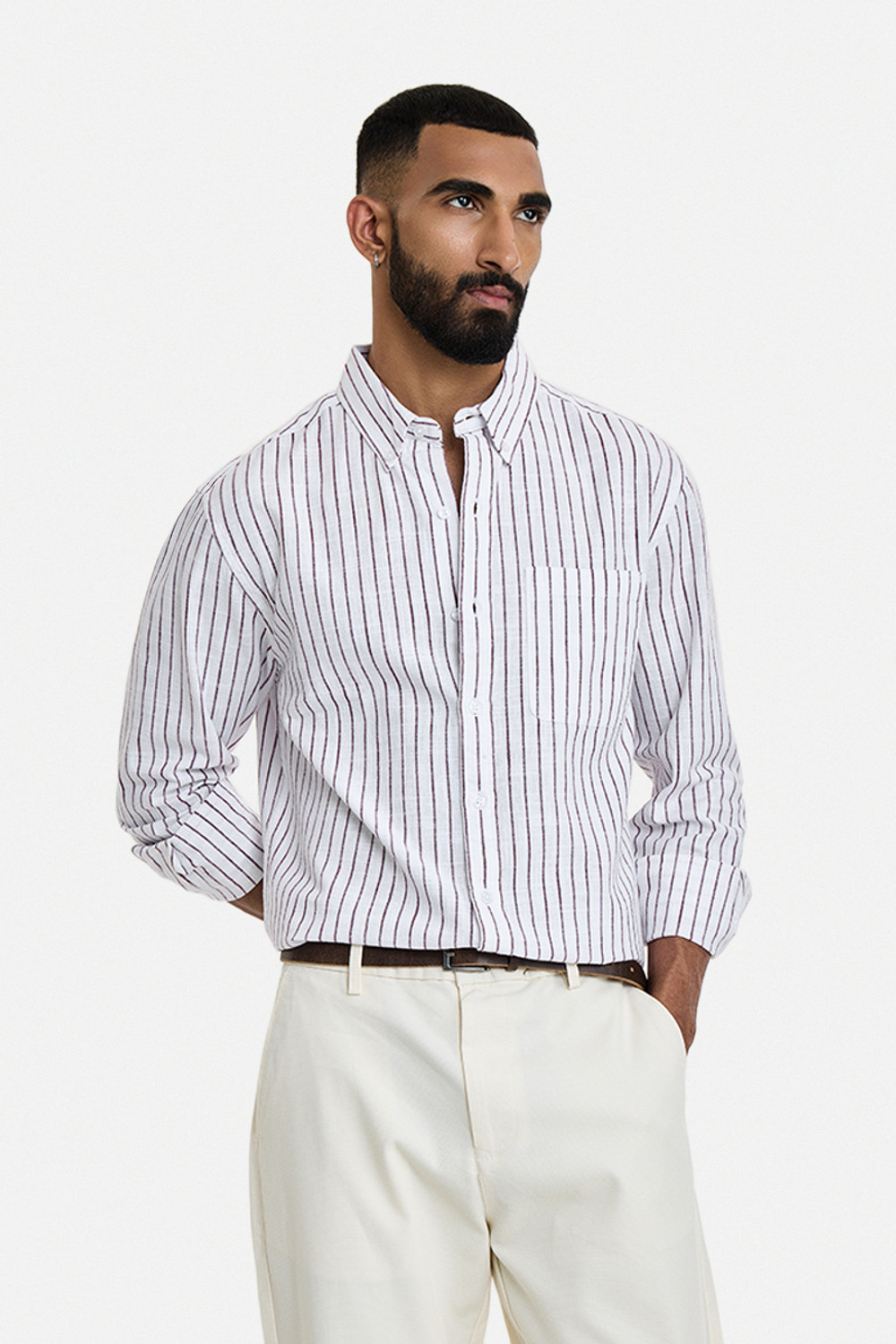 Image of Snitch Men Striped Casual White Shirt