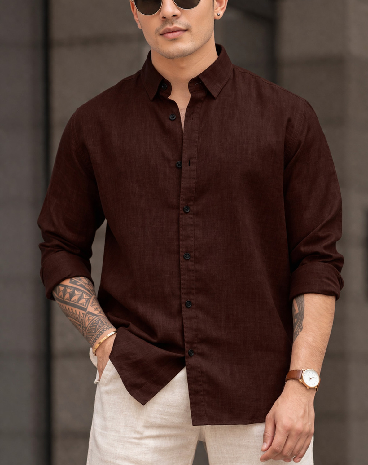 Image of luxiva Men Solid Casual Brown Shirt